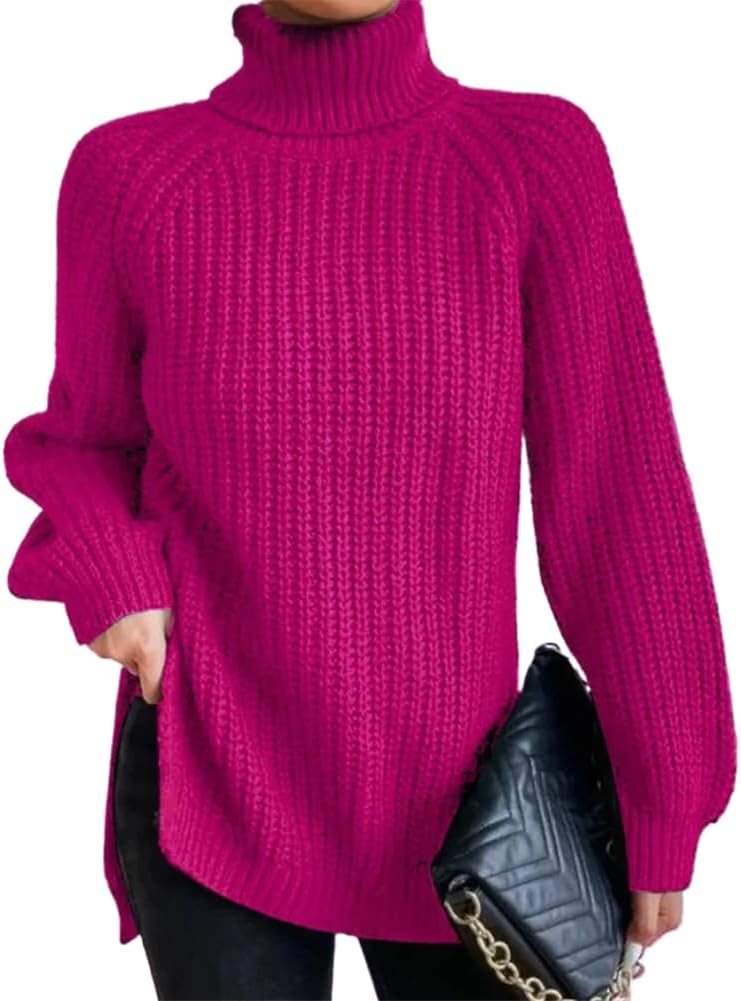 Casual Turtleneck Sweaters Pullover for Autumn/Winter Women' Solid Sleeve Thickened Warm Split s1 Red XS