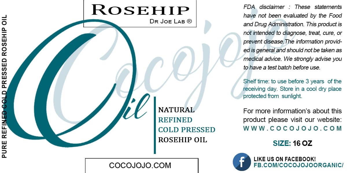cocojojo Rosehip Oil for Face, Rose Oil for Face, Rose Hip Oil for Face, Rosehip Oil, Pure Refined Cold Pressed All Natural for Hair Skin Face Body Nails Jojoba Oil - 16 Oz
