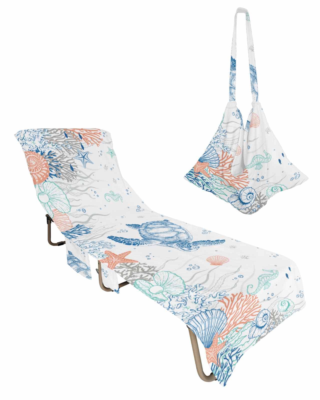 Coastal Turtle Blue Beach Chair Towel Covers for Chaise Lounge with Side Pocket, Soft Plush Pool Towels Cover for Patio Sunbathing Outdoor 29''x85'' Ocean Orange Green Coral Seaweed Shells