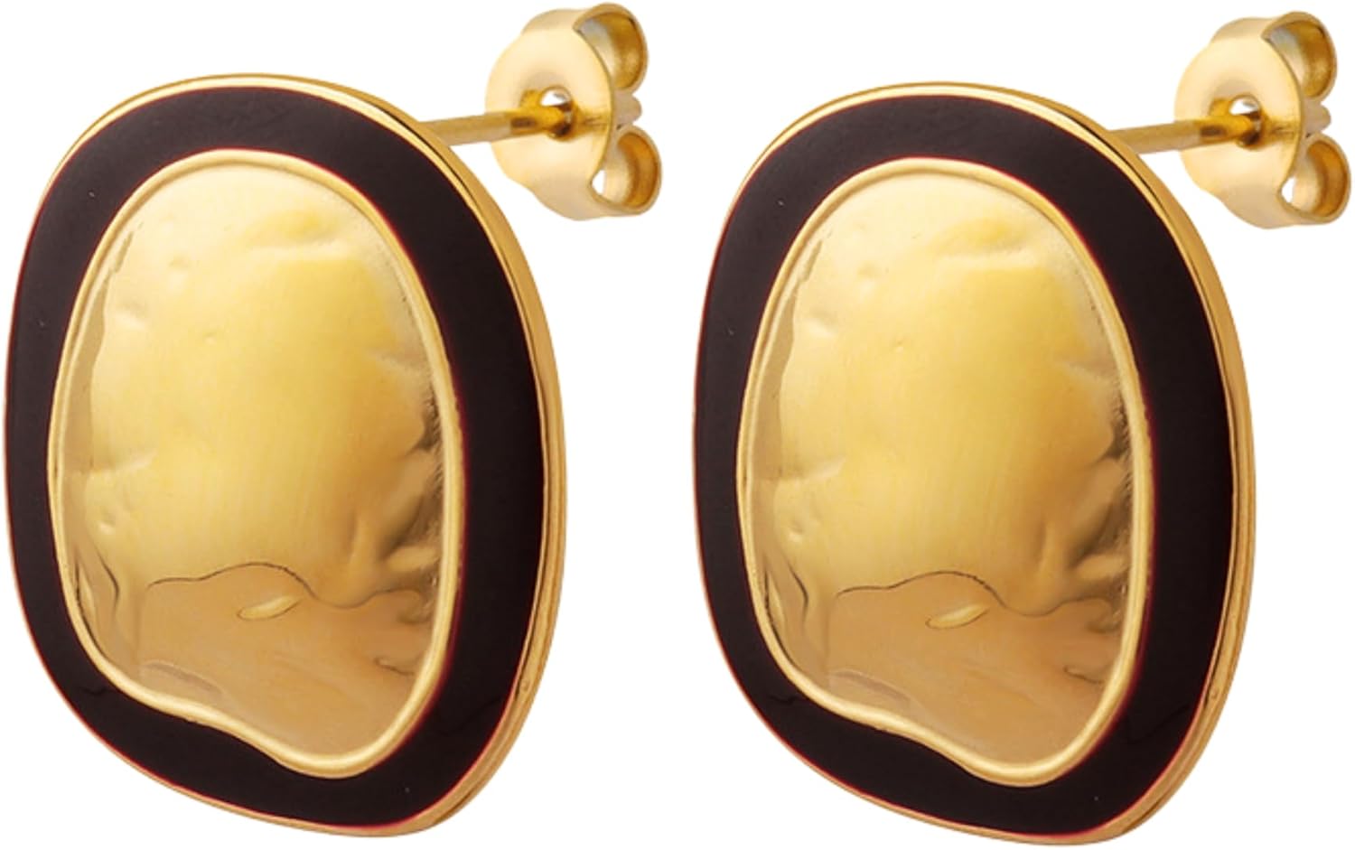 Hammered Gold & Maroon Oval Statement Earrings – Bold Lightweight Fashion Jewelry for Women