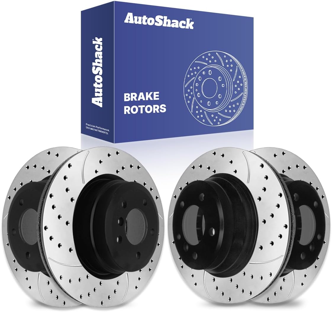 AutoShack Front Vented & Rear Vented Drilled & Slotted E-Coated Brake Rotors 4-PC Set Replacement for 2007-2013 BMW 335i 2013-2015 BMW X1 ShadowGuard