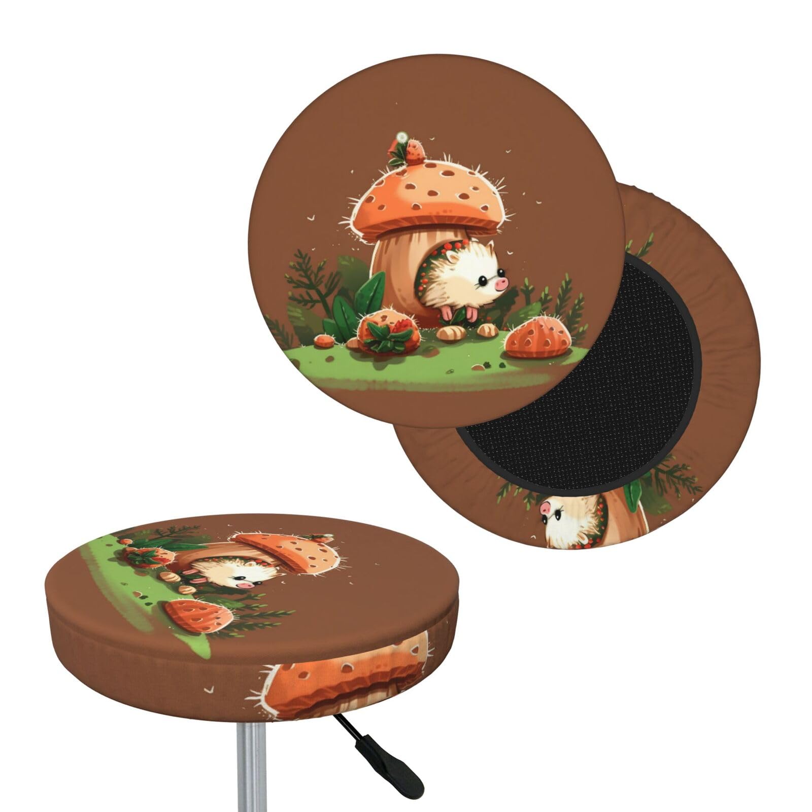 NONHAI Hedgehog and Mushroom Bar Stool Cover Round Elastic Stool Cushion Covers Dustproof Bar Chair Cover Washable Stool Cushion Slipcover Stretch Stool Seat Covers for 12-14 Inch Chair