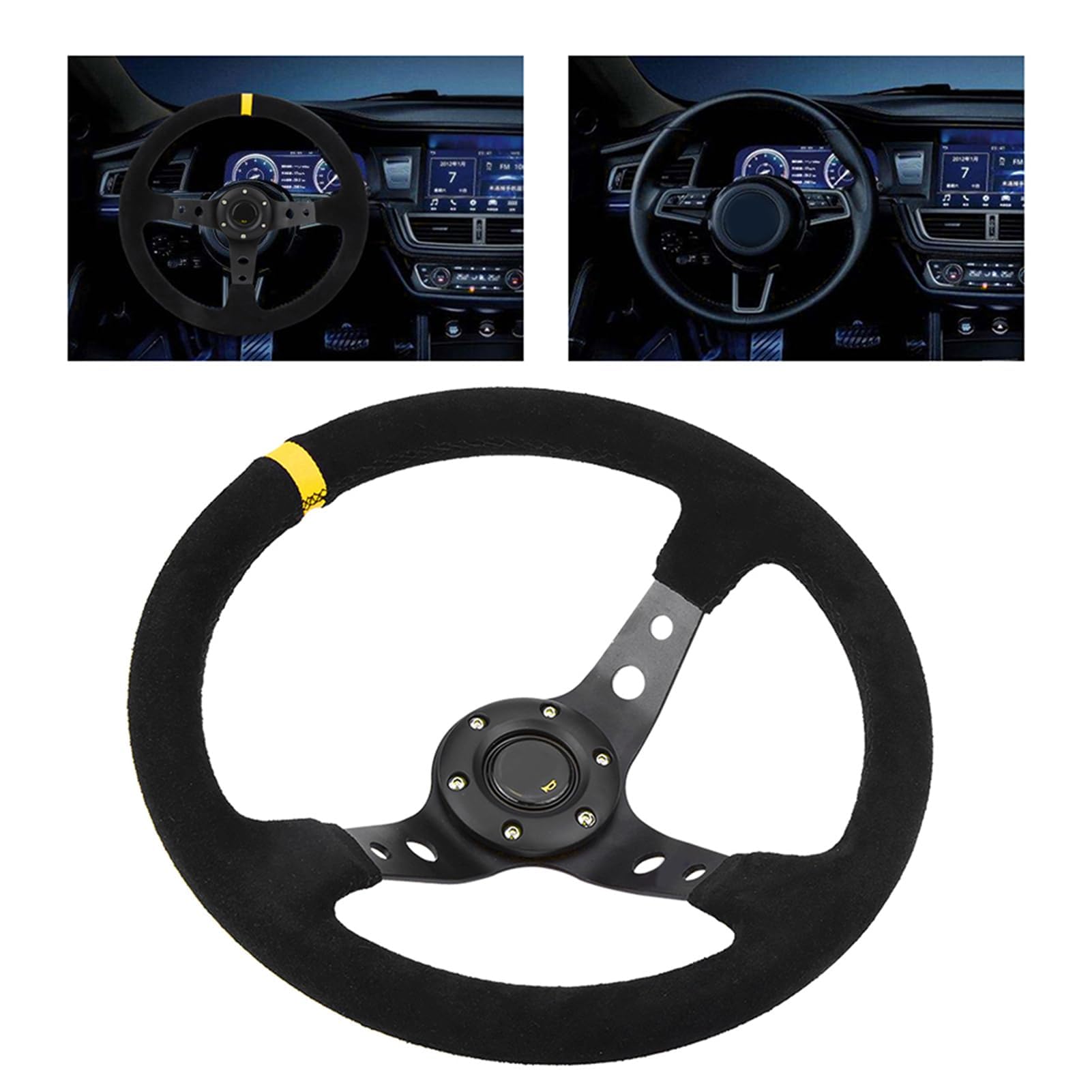 Ejoyous Volante de Carreras Universal de 14 Pulgadas, Marco de Aluminio, Cuero Napped, Agarre Fuerte para Coches y Vehículos de Carreras (YELLOW)