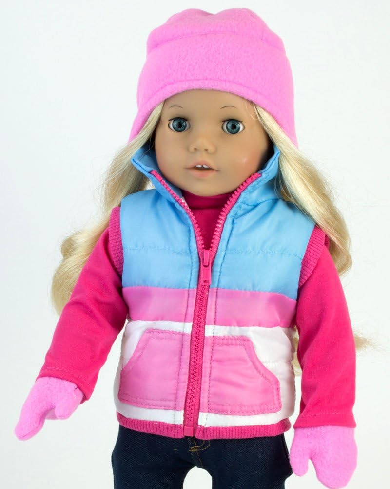 Sophia s Winter Doll Vest, Pink Fleece Hat, Mittens, and Polar Bear Snowflake Inner Tube 4 Piece Winter Set for 18" Dolls, Pink/Blue