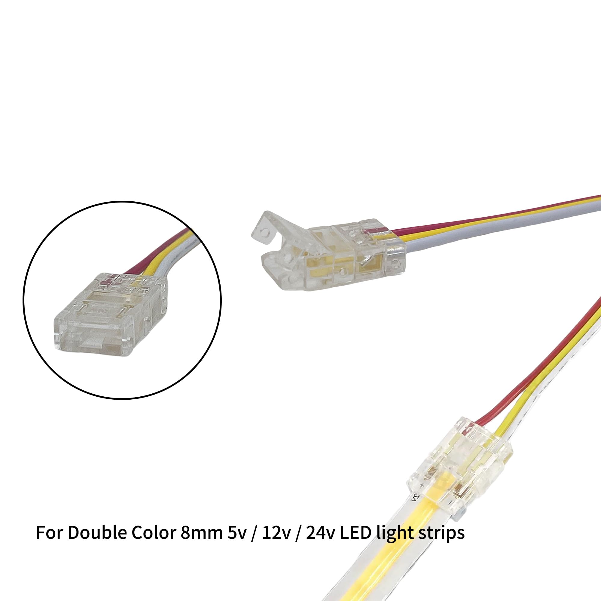 Clearhill 8mm 3Pin 10Pcs COB LED Strip Connectors,Double-ended Strip to Wire Solderless With 10cm Wire Connector,for Double Color 5V/12V/24V LED Strips,No Soldering Required,Secure Connection - Image 2