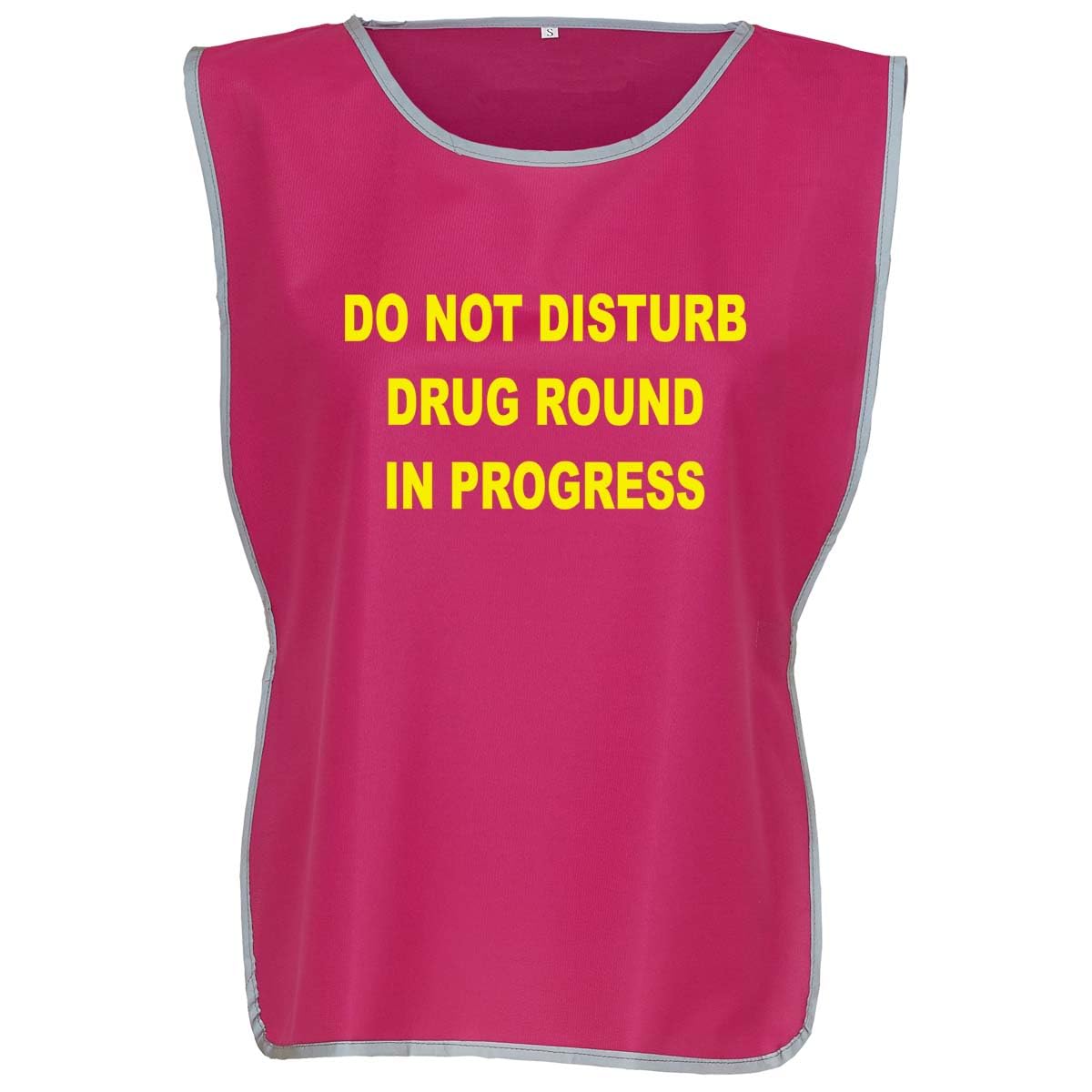 Workwear World 'Drug Round In Progress' Front/Back Printed Text Hi Vis Reflective Trimmed Border Medical Care Home Tabard (UK, Alpha, L, XL, Regular, Regular, Raspberry/Yellow Print)