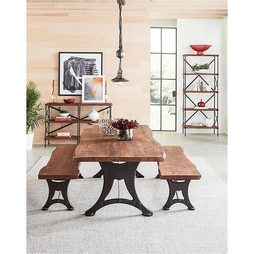 Blayne Acacia Wood Dining Bench with Live Edge and Cast Iron Legs, Rustic Wooden Bench for Kitchen Table, Brown, 70 Inch