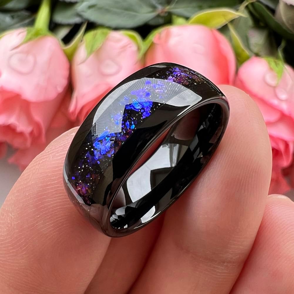 TUTISS 8mm Silver/Black/Gunmetal Tungsten Rings for Men Women Orion Nebula Opal Galaxy Fragment Inlay Fashion Jewelry Engagement Wedding Promise Band Polished Shiny Comfort Fit