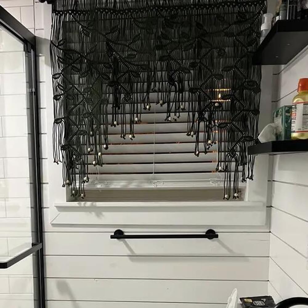 Macrame Valance Curtain for Kichen Windows 33.46x37.4Inch Farmhouse Boho Leaves Curtains for Bedroom Window Valance Green Leaf Tassels Macramé Wall Curtain Wooden Bead Macrame Wall Hanging