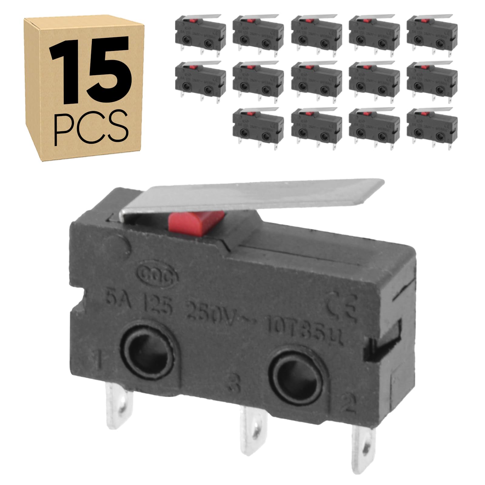 15-Pack Micro Limit Switch with Hinge Lever, Momentary Snap
