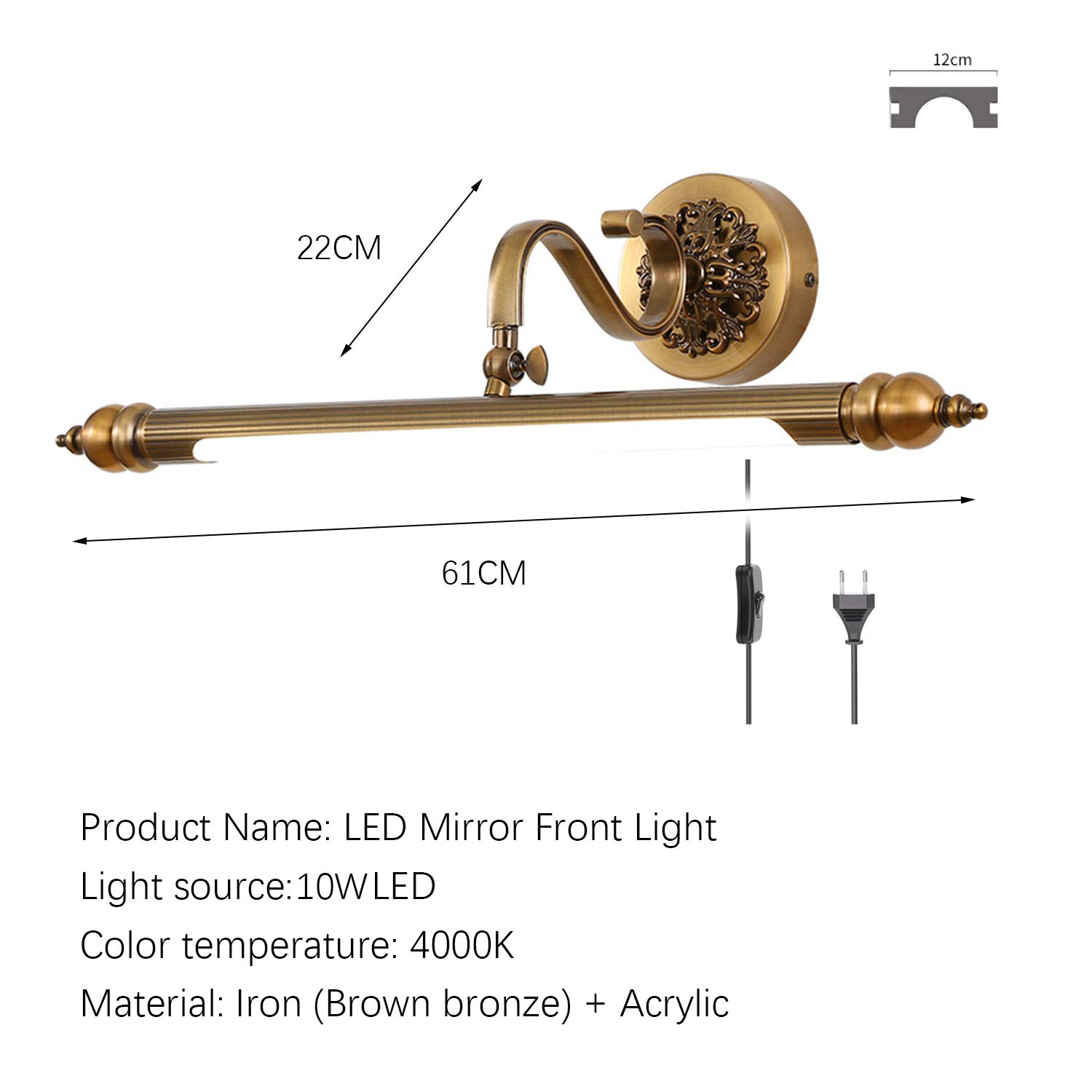 ACMHNC Vintage Spiegellampen LED Badezimmer Spiegelleuchte Mit Schalter, Retro Badleuchte IP44 Bad Wandlampe Mit Stecker Und Kabel, Einstellbarer Winkel,4000K, Schminklicht Schrankleuchte,61cm/10w