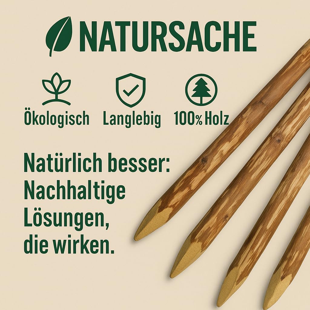 Natursache Haselnuss Holzpfosten Set, 5-teilig, Angespitzte Rundpfähle für Staketenzaun, Bauernzaun, Gartenzaun (5 Stk., 150 cm)