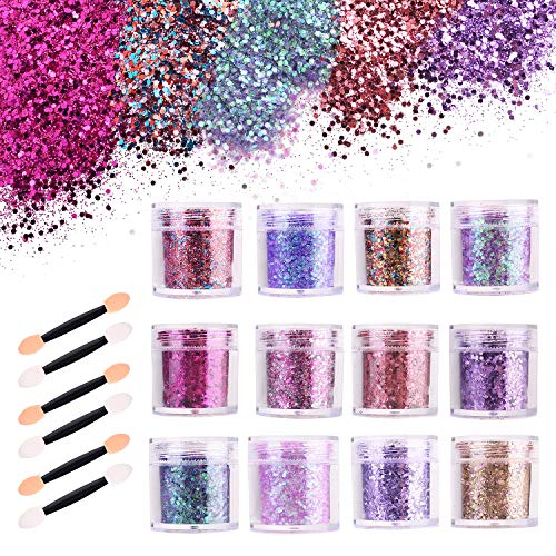 Ulikey 12 Pezzi Set di Polvere Glitter per Unghie, Lustrini 3D per Manicure, Nail Art, Corpo Paillette Trucco Glitter per Capelli Decorativi, Corpo e Ombretto