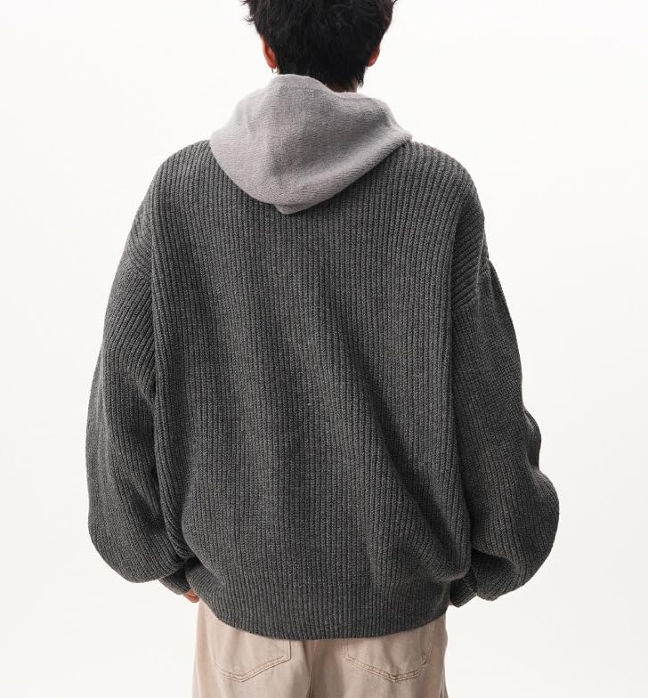 Mens Hooded Knit Sweater Fake Two Piece Color Block Loose Fit Casual Zip Up Cardigan Sweaters