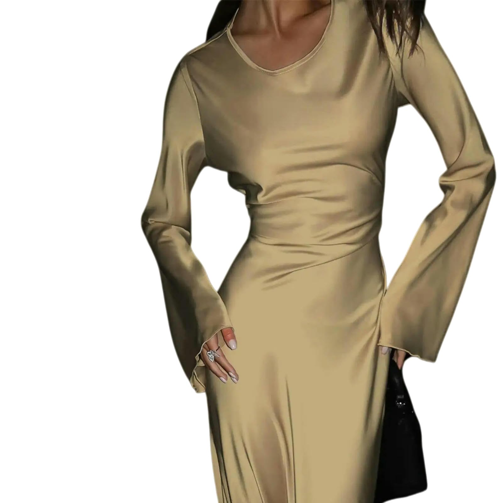 Abito Donna Lungo da in Raso, Sera Elegante con Cravatta Vita, Maniche Svasate A Girocollo-Oro-m