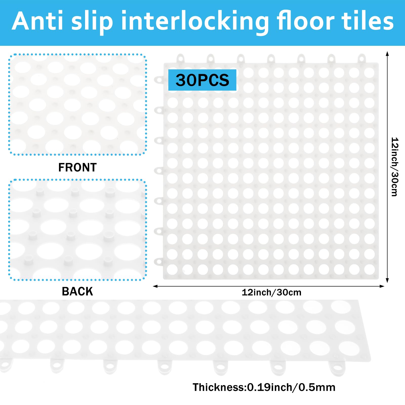 30 Pack 11.8” x 11.8” Interlocking Floor Tiles Bulk White Drainage Pool Flooring Mats Swimming Pool Non Slip Splicing Waterproof Splash Matting Mesh Doormat Modular Interlocking Water Drain 3x10 ft — Amazon image 2