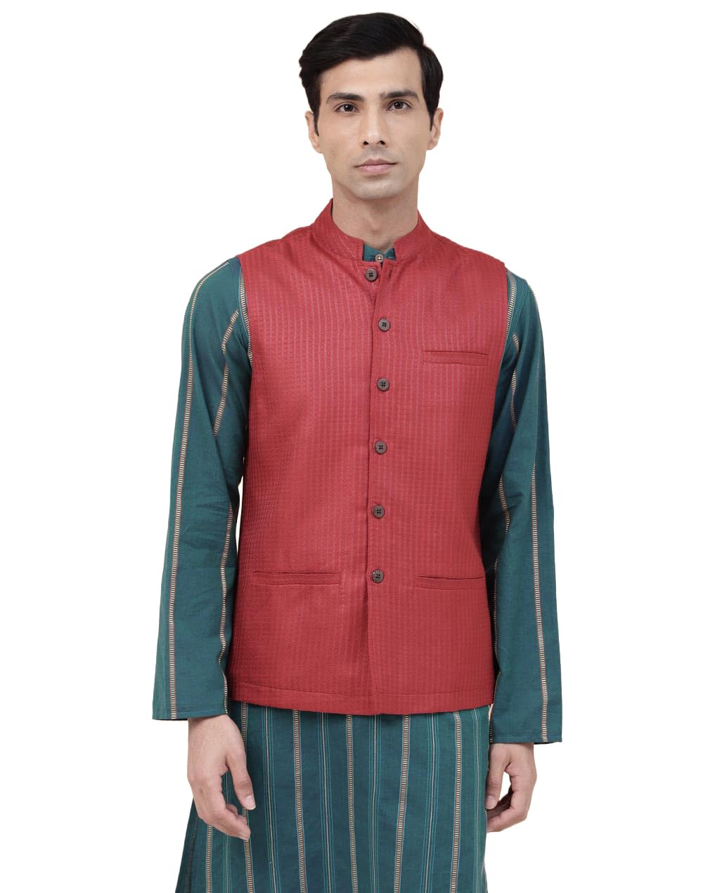 fabindia Orange Viscose Blend Dobby Jacket Nehru-picture-12