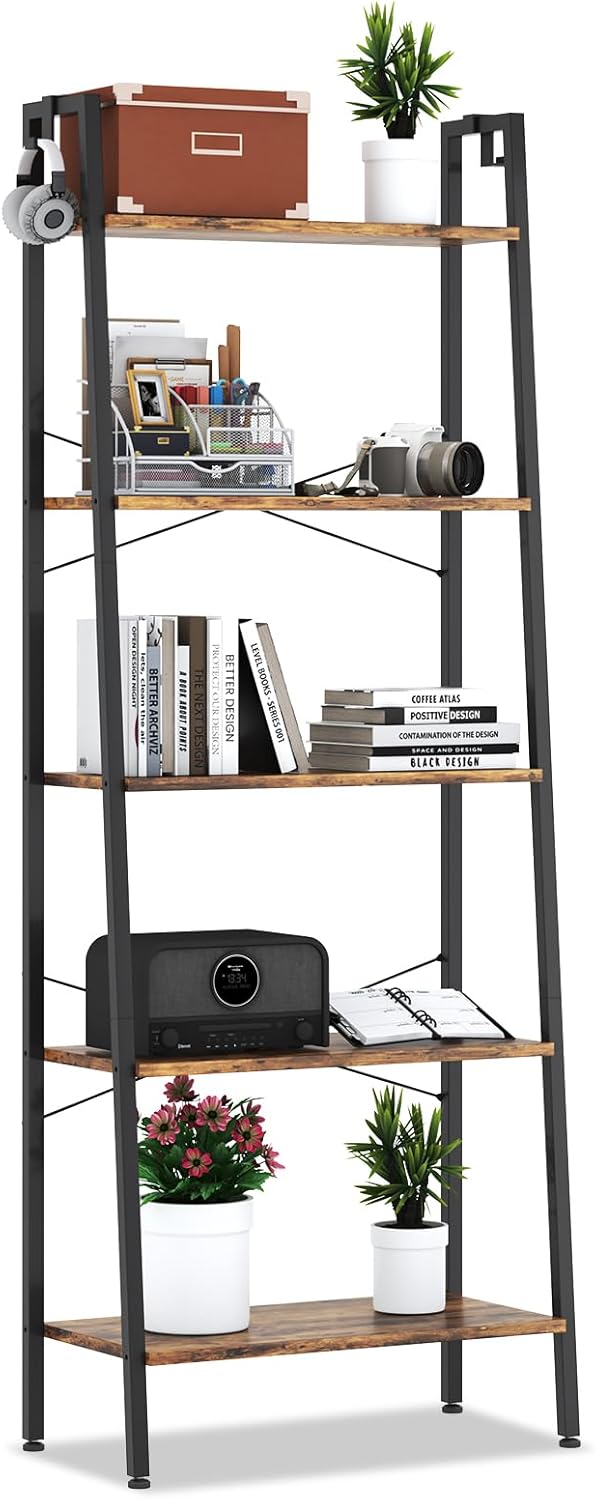5 Tier Bookshelf,Ladder Shelf, Bookcase with Shelves and 2 Hooks, Storage Rack Organizer, Corner Wood Storage Shelf with Metal Frame (Rustic Brown)