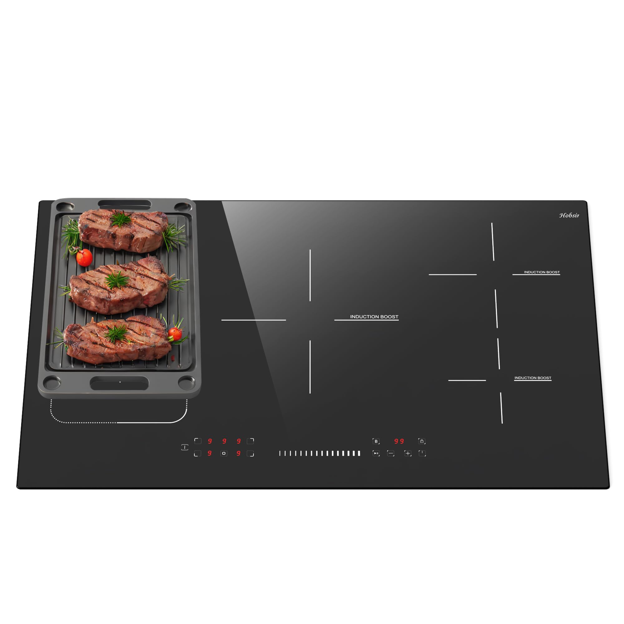 Hobsir Piano Cottura Induzione 5 Fuochi, Piano Cottura a Induzione da incasso 90CM, Zona Flessibile per il Grill, Controllo a Cursore, Blocco di Sicurezza, Funzione Boost, 220V, senza Spina