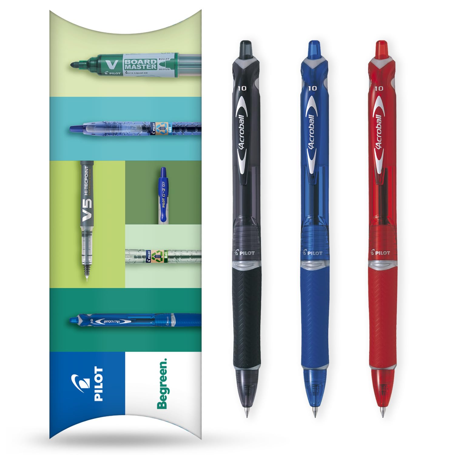 PILOT Acroball Retractable Ballpoint Pen, Begreen Range 79% Recycled, Pack of 3 Pens, Medium 1.0mm Nib