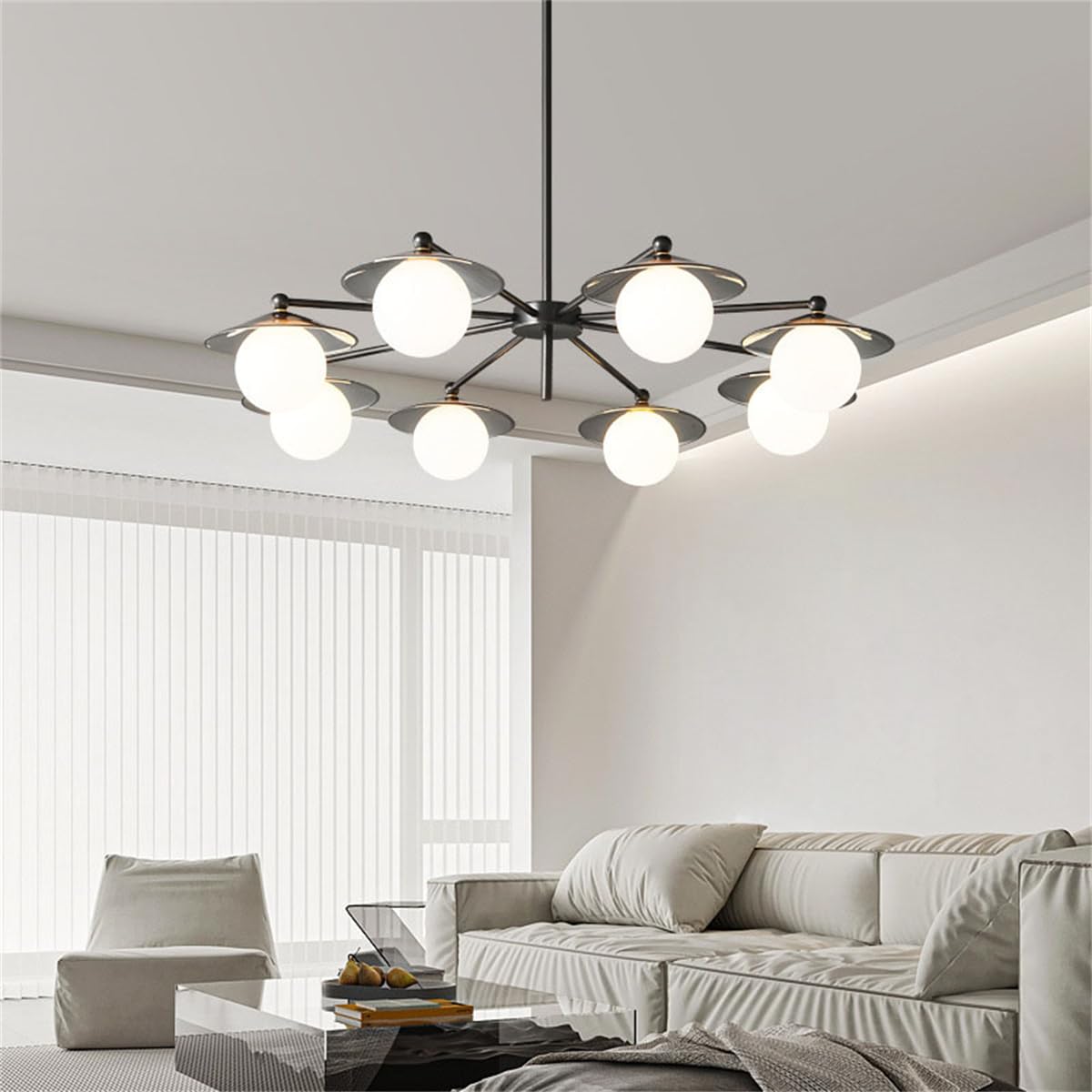 HXYSXHJUO 8-Light Chandelier, Modern Black Ceiling Light Fixture with Globe Glass Shade, Mid Century Pendant for Living Room