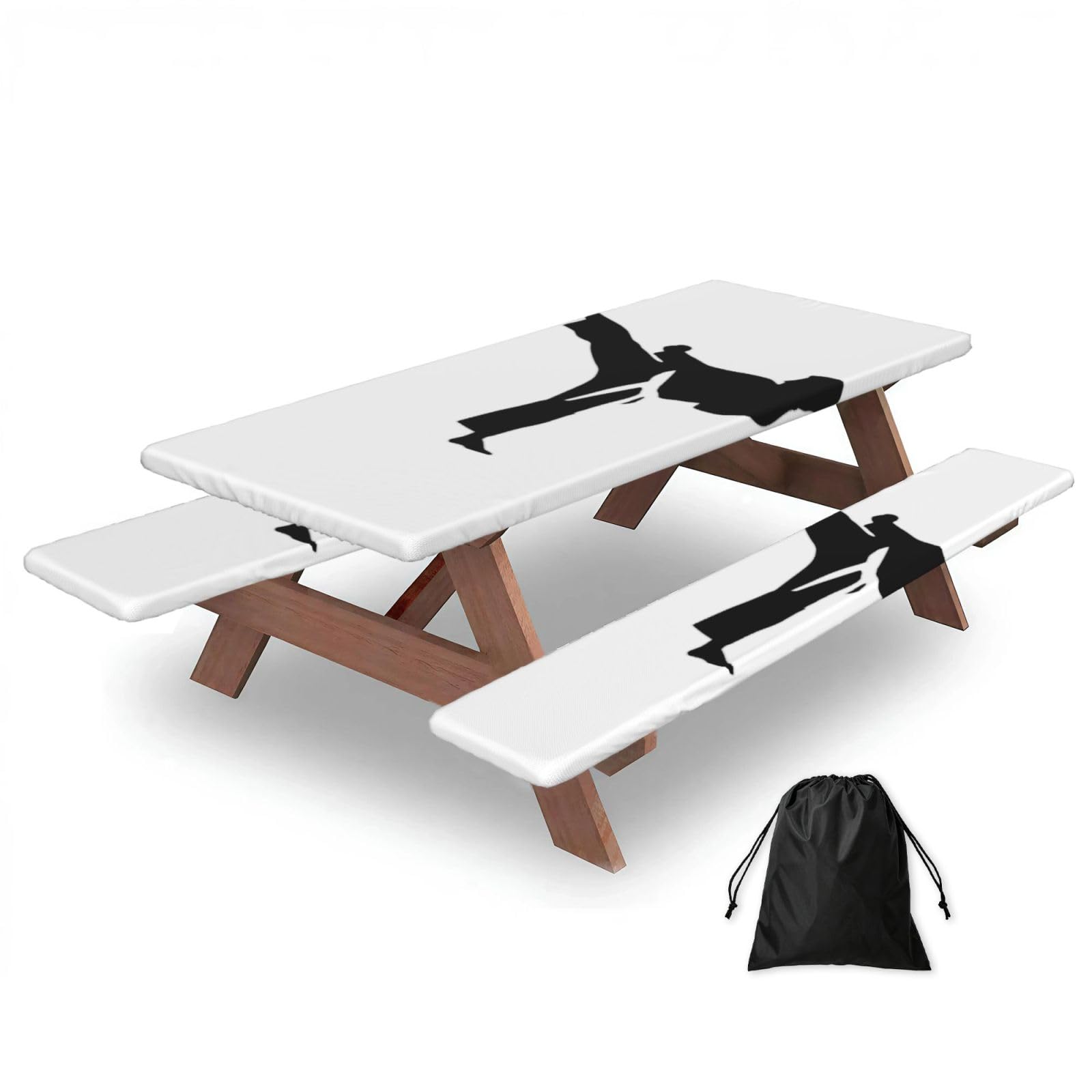 Duwaa Black Karate-Highkick-Icon Print 183Cm Picnic Table Cover With Bench Covers, Waterproof Elastic Tablecloth Set For Outdoor