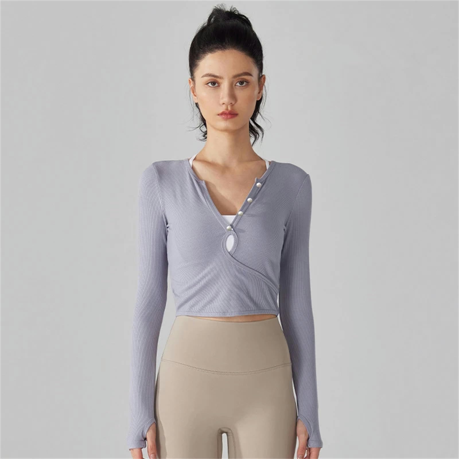 Camiseta Mujer Mujeres Camisas Delgadas De Yoga Manga Larga Camisetas De Manga Larga Agujero En V Tops Blusa