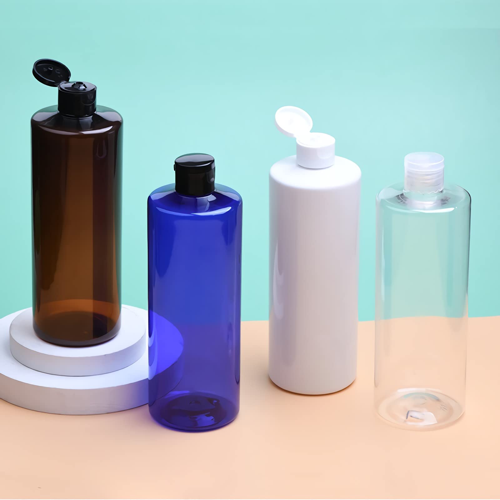 4 Pezzi 500 ml Marrone Bottiglie di plastica PET con Tappo Flip Top Nero, Spalla Piatta Vuoto Contenitori per Cosmetico, Bottiglie da Viaggio per Lozioni, Liquido, Olio