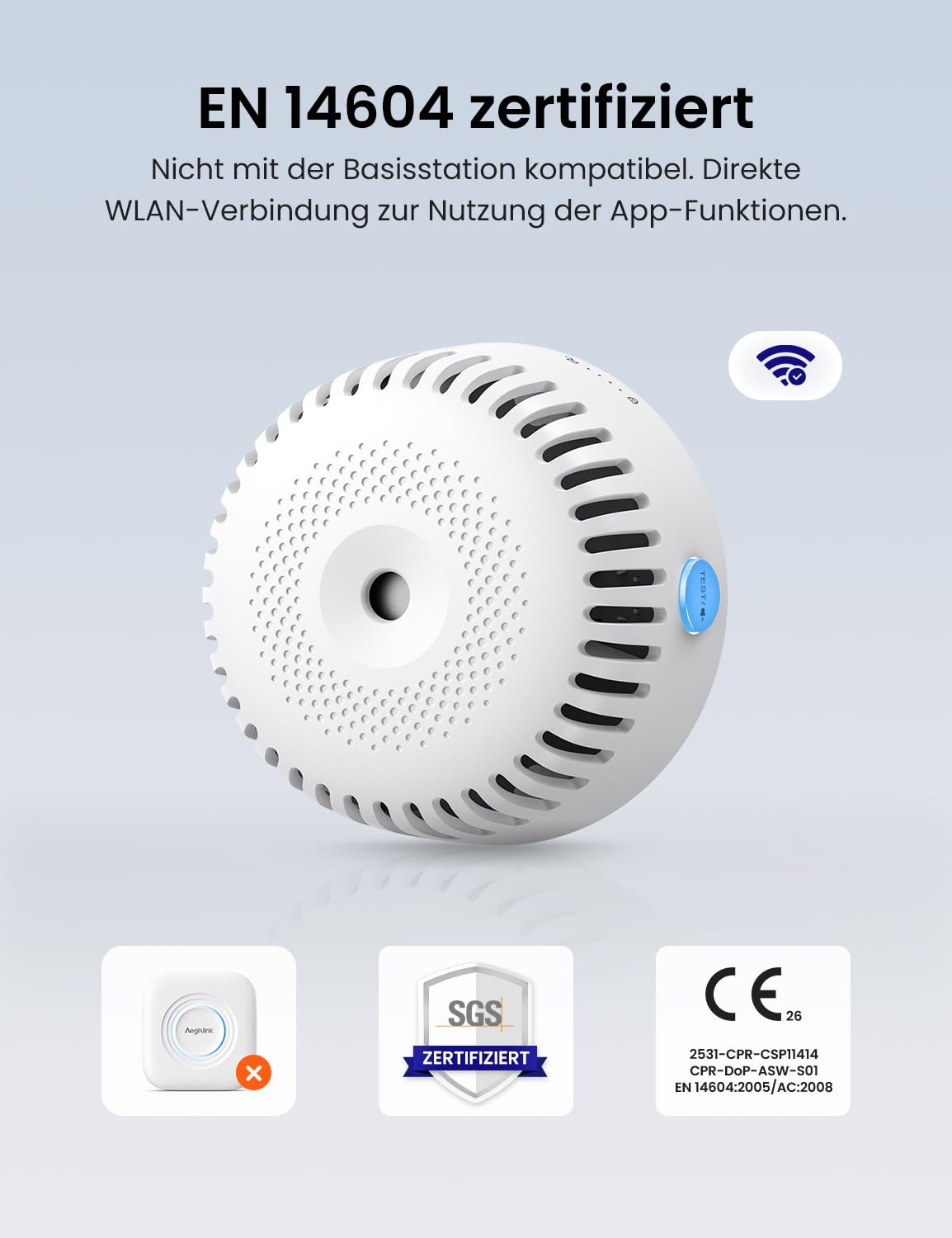 AEGISLINK Smarter Rauchmelder mit Magnethalterung und ohne blinkende LED, 85 dB, Mini-Design, Echtzeit-Benachrichtigungen, Freigabefunktion, ASW-iR, 1 Set