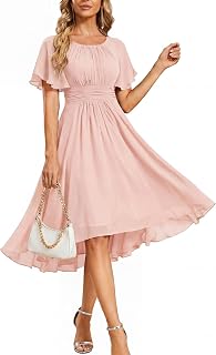Women's Chiffon Crew Neck Empire Waist Wedding Guest Dress Summer Short Sleeve Semi Formal Dresses 02053