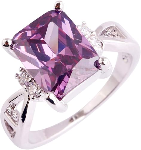 Miniatura 11 de Anillo solitario chapado en plata 925 con circonita cúbica de amatista artificial para mujer