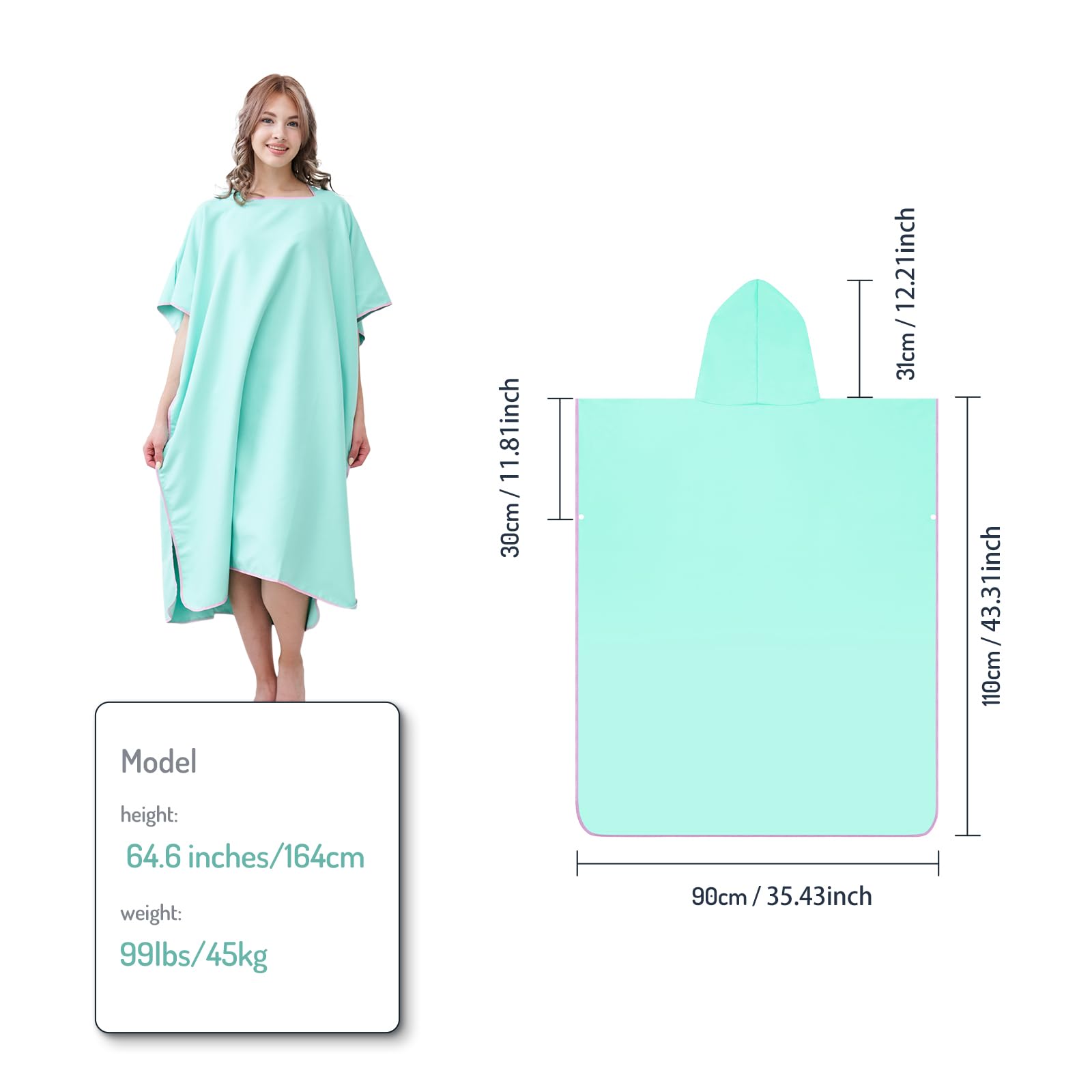 Poncho Surf Microfibra Adulto Toalla de Playa Poncho Piscina con Capucha para Mujer Hombre Natación Vacaciones Viajes Camping, Verde