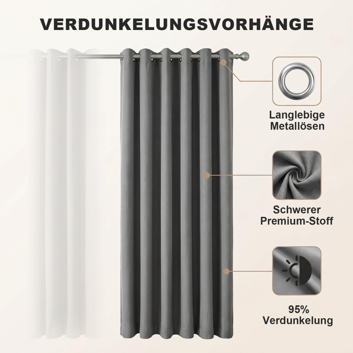 Verdunkelungsvorhang mit Ösen, 2er Set H 245 x B 140 cm, Vorhang Blickdicht, Thermovorhang Kälteschutz, Vorhänge Wohnzimmer, Vorhänge Schlafzimmer, Weich und Angenehm Anzufassen, Grau