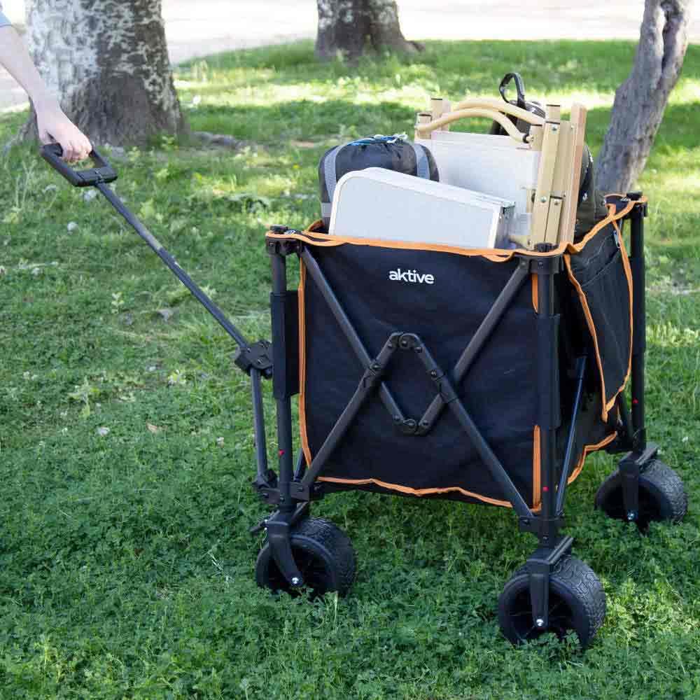 AKTIVE Chariot de Transport Pliable, Plage, Jardin, Camping, Jusqu'à 80 kg, roulettes Robustes et roulettes Pivotantes à 360° avec Frein, Poignée Multiangle, avec Pochette, Noir et Orange