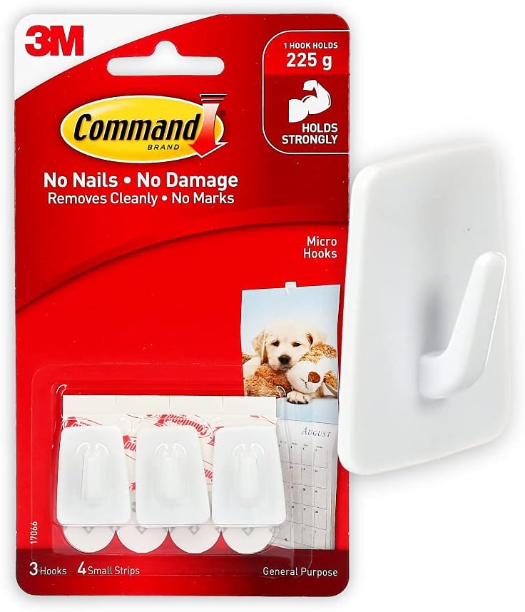 Micro Hooks, White, 3-Hooks, 4-Strips, Organize Damage-Free