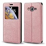 Samsung Galaxy Grand Prime G5308W Case, Luxury Wood Grain Leather Case with Card Slot Notification Window Protective Magnetic Flip Cover for Samsung Galaxy Grand Prime G5308W (Rose Gold)