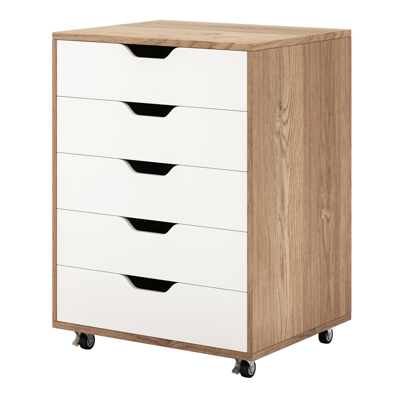 COSTWAY Mobile File Cabinet, 5/7 Drawers Lateral Stationery Storage Organiser Chest with Wheels, Home Office Printer Stand Side Filing Cupboard (Natural + White, 5 Drawers)