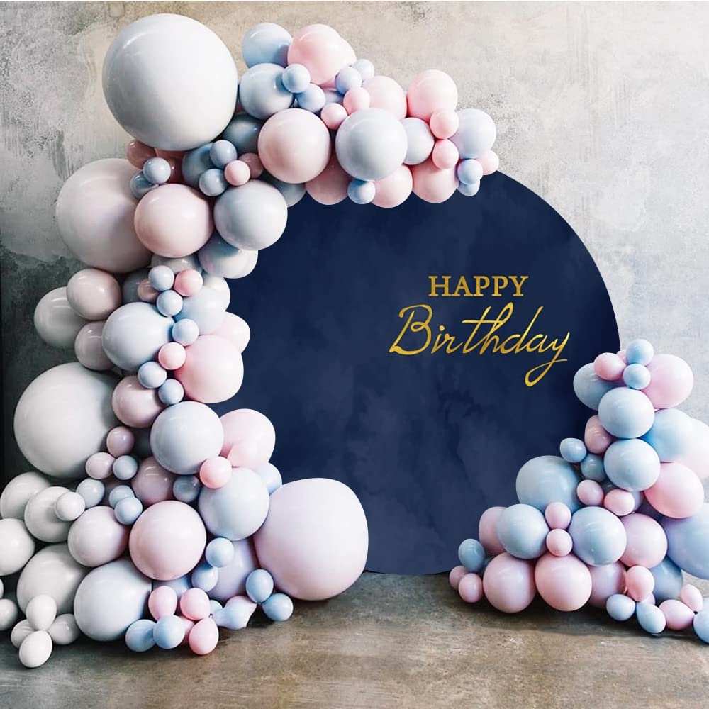 Aoihrraan 200cm Diamètre Joyeux Anniversaire Rond Toile de Fond Sombre Marine Bleu Abstrait Watercolor Photographie Fond Enfants Anniversaire Fête Décor Fournitures Bébé Adultes Photo Props