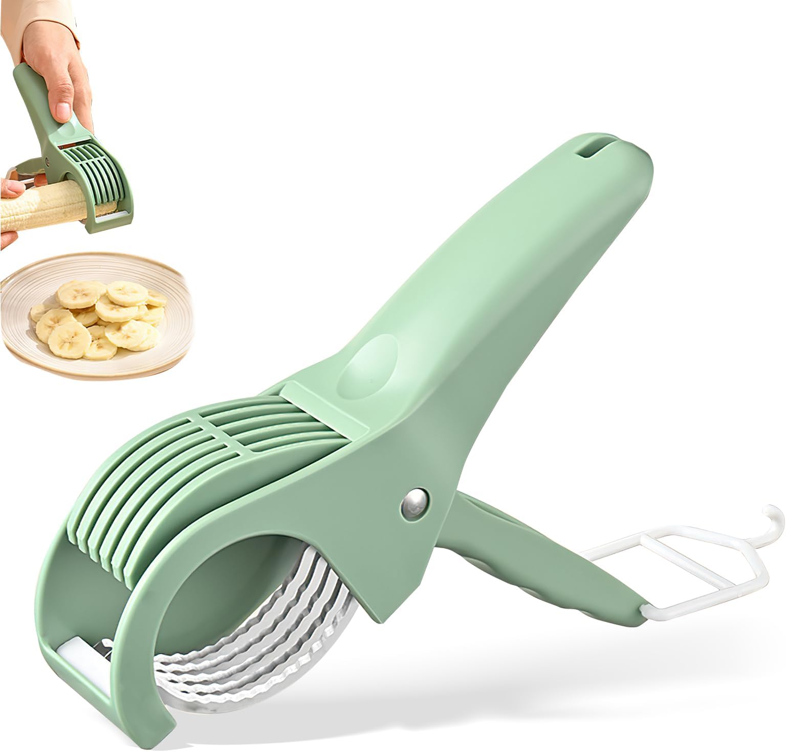 Multifunctional Fruit and Vegetable Slicer, Cucumber Divider, Press & Cut, Stainless Steel Blades, Ideal for Bananas, Cucumbers, Carrots, Peppers, Sausages (Green)