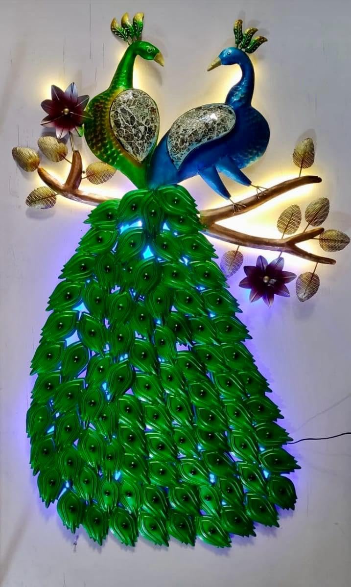 Vfrills Metal Double Couple Peacock Wall Art Decor on Tree Branch with LED (5 feet (28 * 60 inches))
