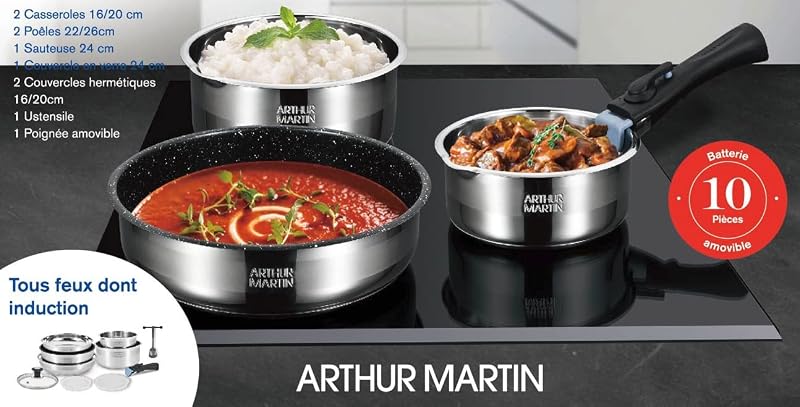Arthur Martin AM0025 10 részes rozsdamentes acél edénykészlet levehető fogantyúval, kiöntőcsőrrel - indukciós főzőlappal is kompatibilis