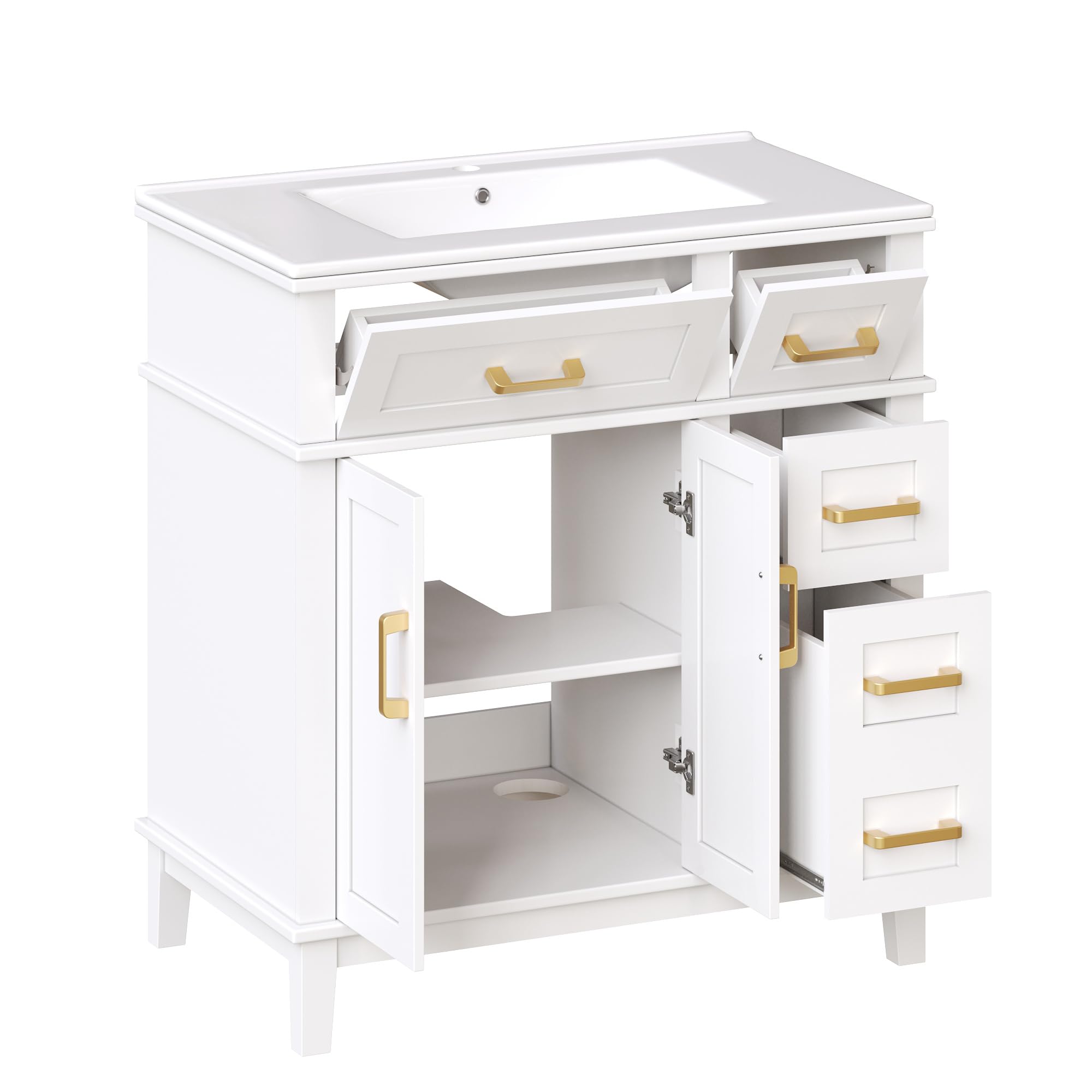 Mueble de baño con lavabo de cerámica moderno con gran capacidad de almacenamiento, cajones de cierre suave, protección contra desbordamiento, color blanco