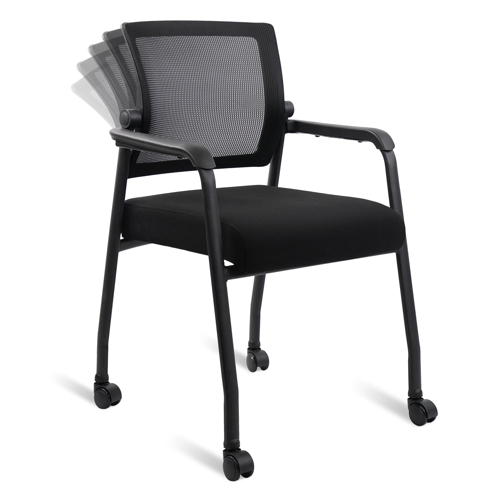 KLASIKA Waiting Room Chairs with Wheels, Adjustable Mesh Backrest, Desk Chair with Ergonomic Lumbar Support and Thickened Seats Cushion, Black