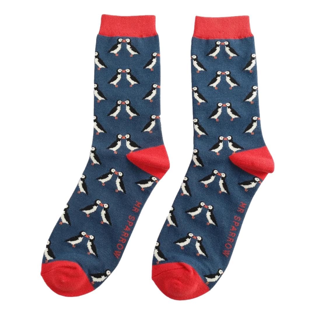 Mr Sparrow Kissing Puffins on Navy Blue Mens Novelty Ankle Socks Adult One Size