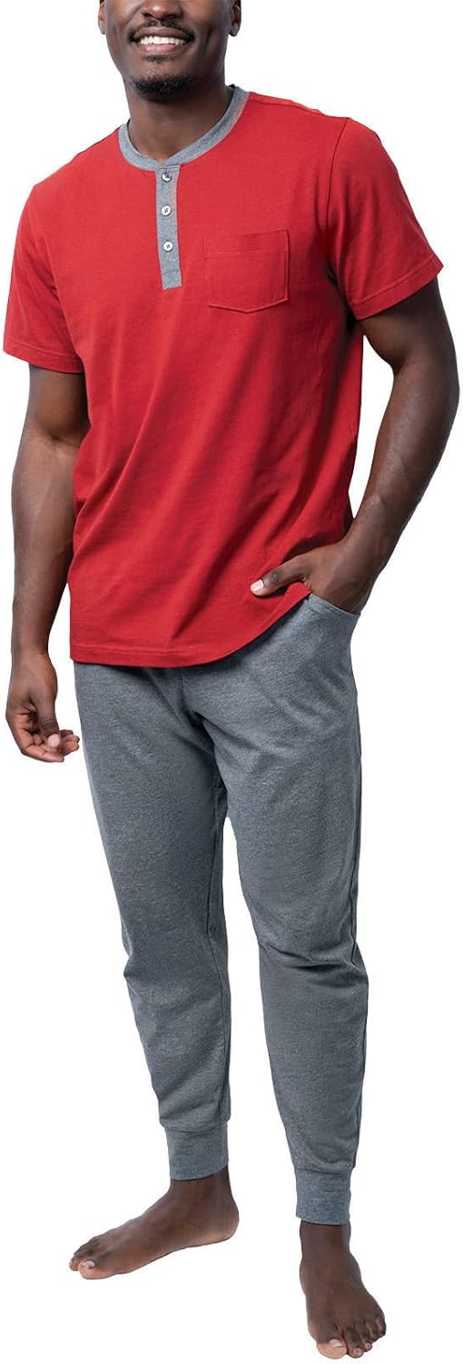 PajamaGram Mens Lightweight Jogger Pants Pajama Set - 100% Cotton PJ Sets for Men, Long Sleeve Men's Sleepwear - Men PJ Set