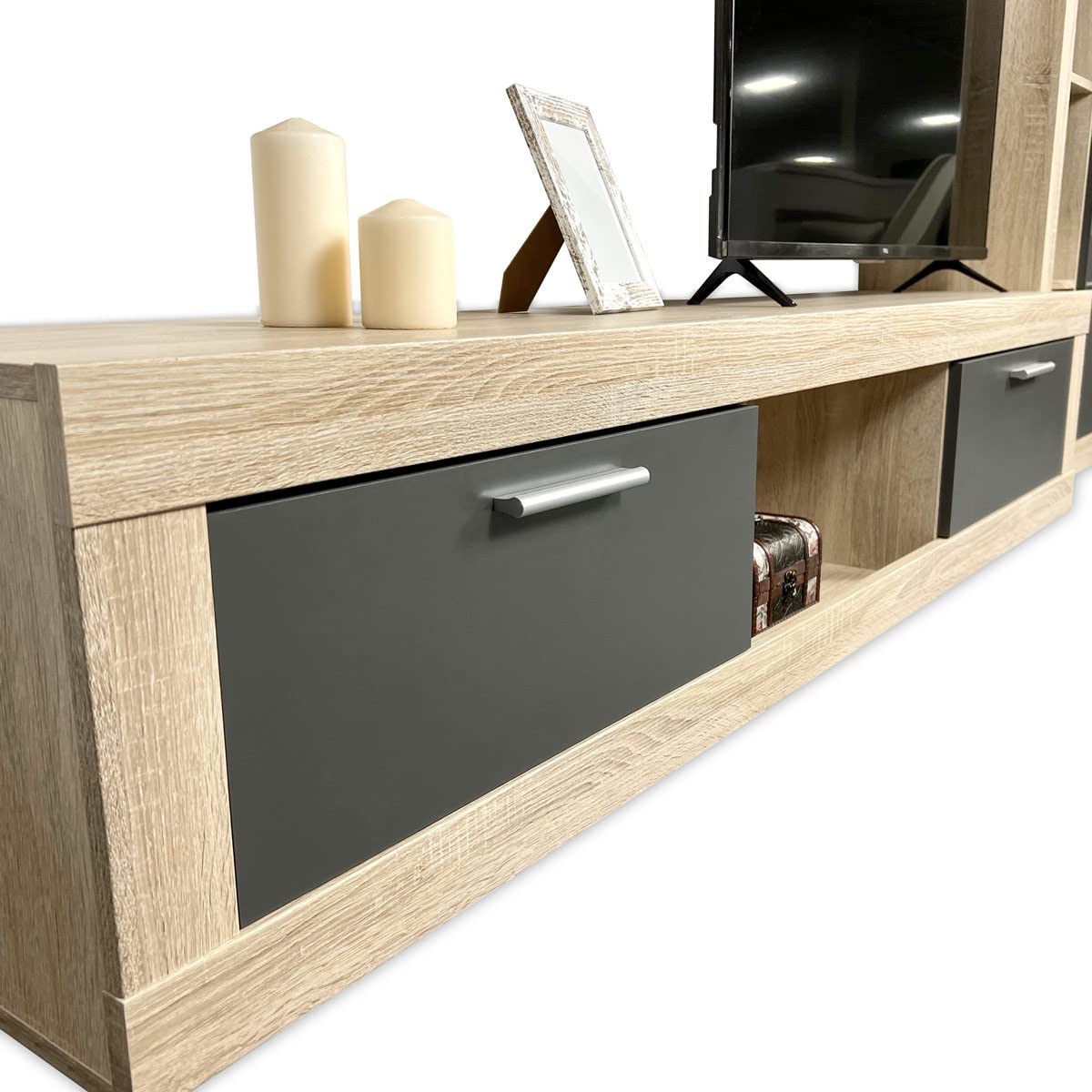 Homey - Mueble de Salón Moderno con Leds, Módulos de Comedor, Modelo Freim, Acabado en Cambria y Grafito, Medidas: 259 cm (Ancho) x 132,5 cm (Alto) 40 cm (Fondo)