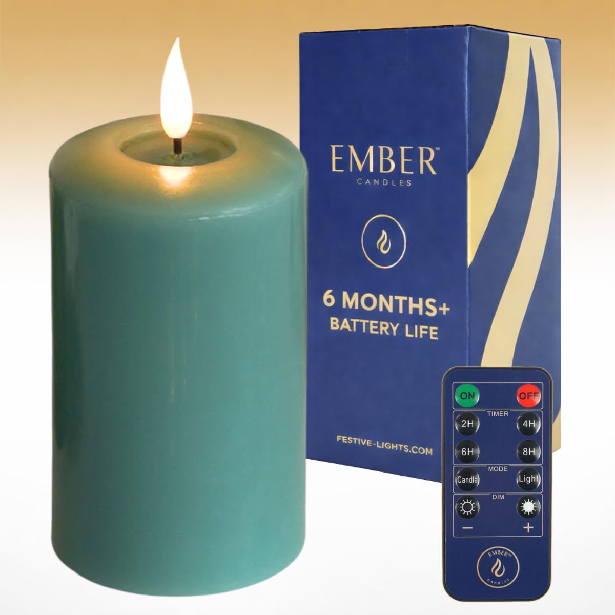 Ember Candles™ 12.5cm Signature Sage Green LED Flickering Battery Candle – 100% Real Wax, Ultra-Realistic, Flameless, Hand-Poured Design, 6-Hour Timer for Safe Indoor Use (with Remote Control)