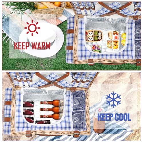 Wicker Picnic Basket Set for 2 Persons with Waterproof Picnic Blanket and Large Insulated Cooler Compartment, Willow Picnic Hamper Basket with Cutlery Service Kits for Camping, Wedding (Blue)