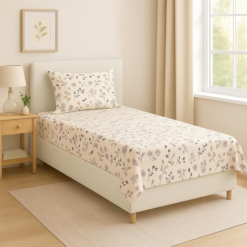 Image of HOMEKART (110 TC & 110 GSM 100% Cotton Feel Bedsheet for Single Bed with One King Size Pillow Covers Soft /Breathable Wrinkel Free -60x90 Inches - (Orang)