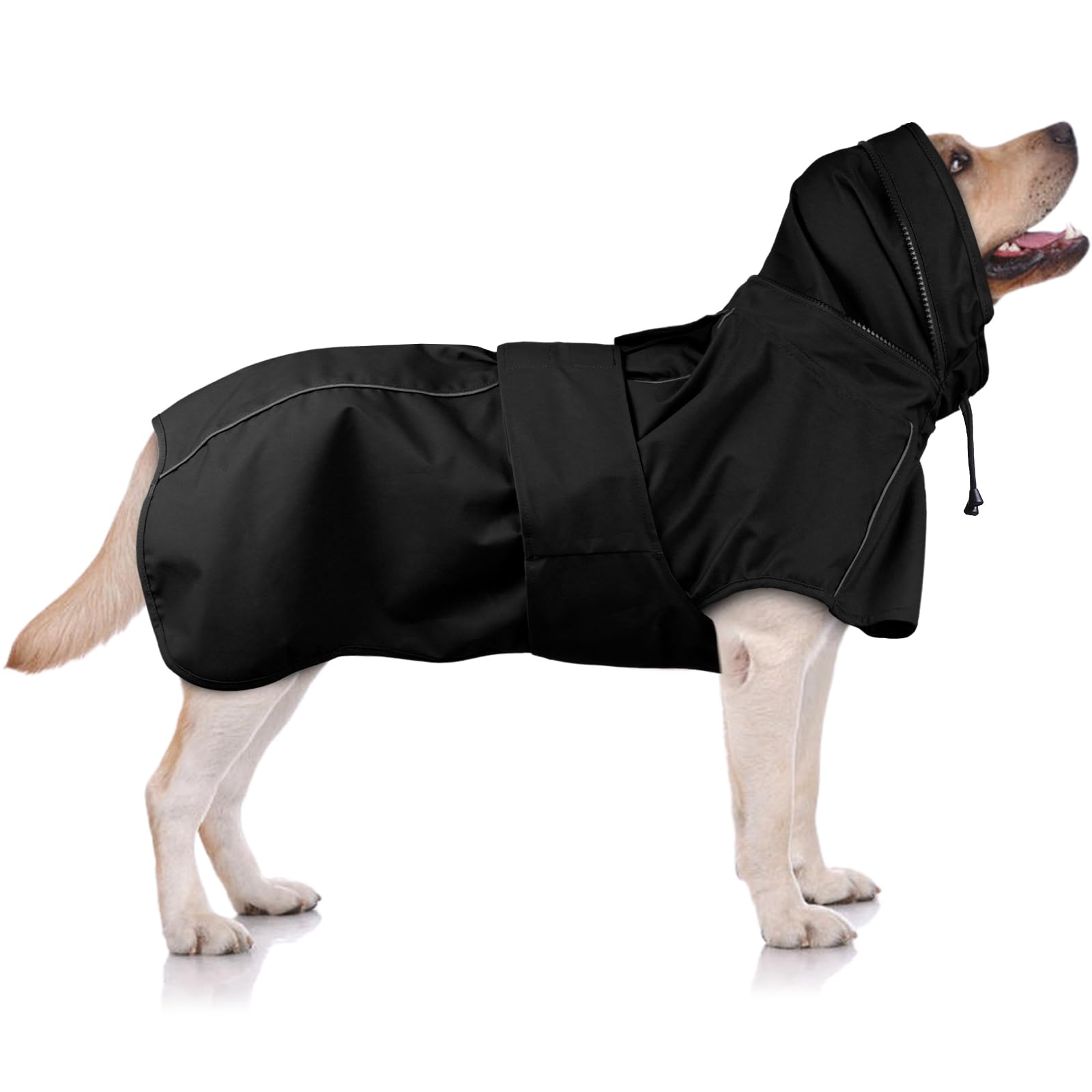 OUOBOB Dog Raincoat XXL, Waterproof Dog Raincoats for Large Dogs with Hood, Leash Hole, Reflect Strips, Ideal for Labrador & Golden Retriever, German Shepherd, Boxer, Rottweiler & Doberman - Black